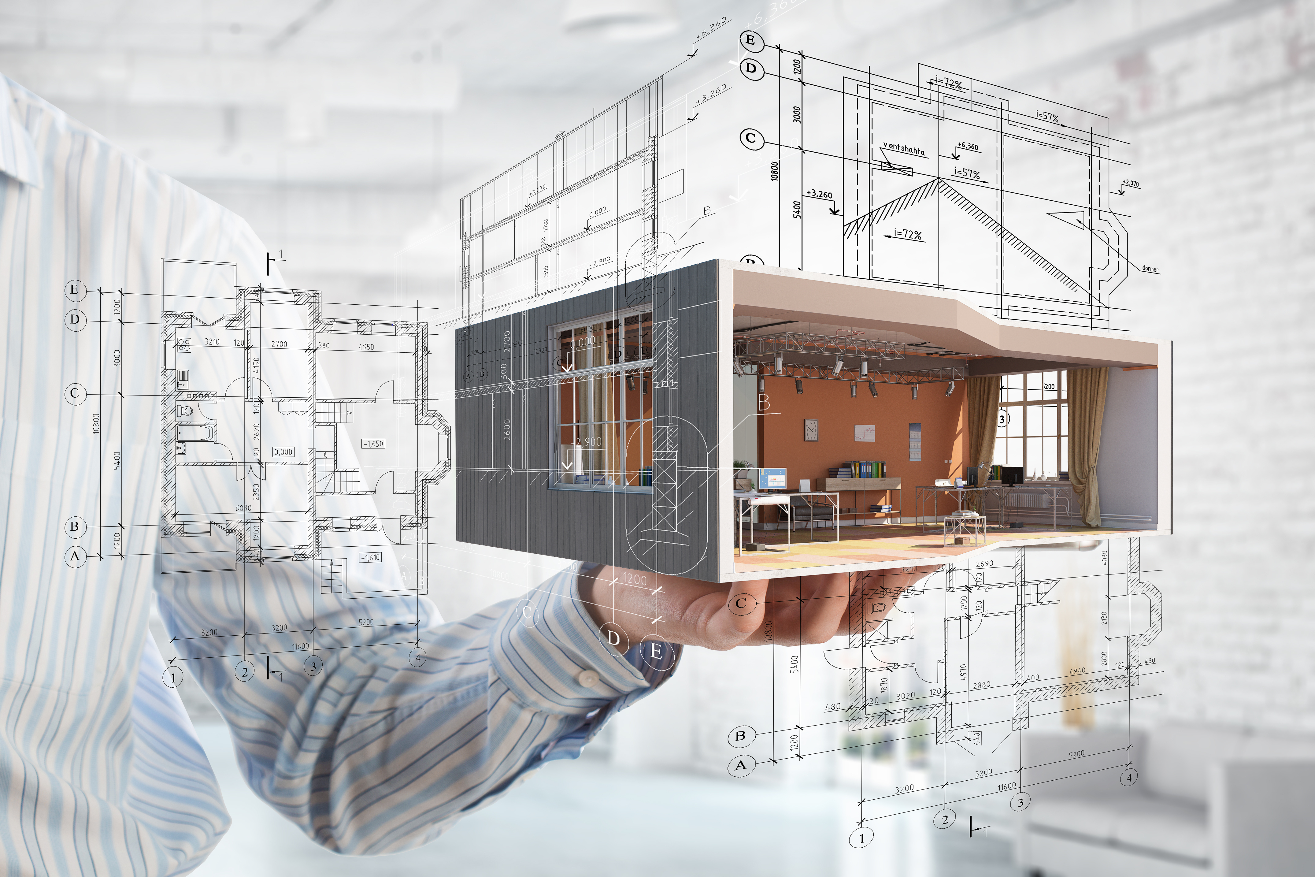 Model house with housing blueprints surrounding it. 